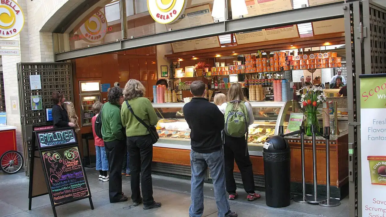 Customers at a gelato bar